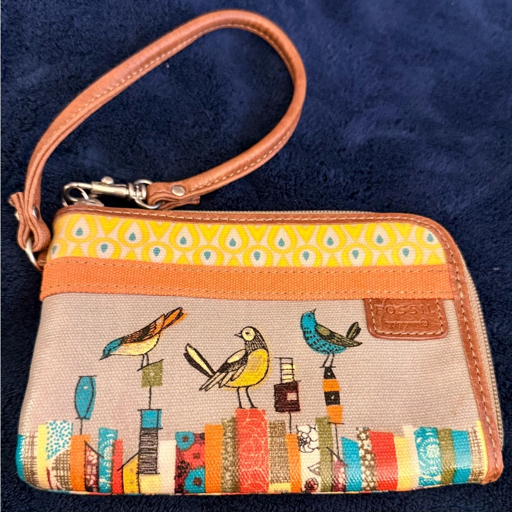 Vintage Fossil Key-Per Yellow Blue Bird Print Zip Around Wallet 4" x 6"